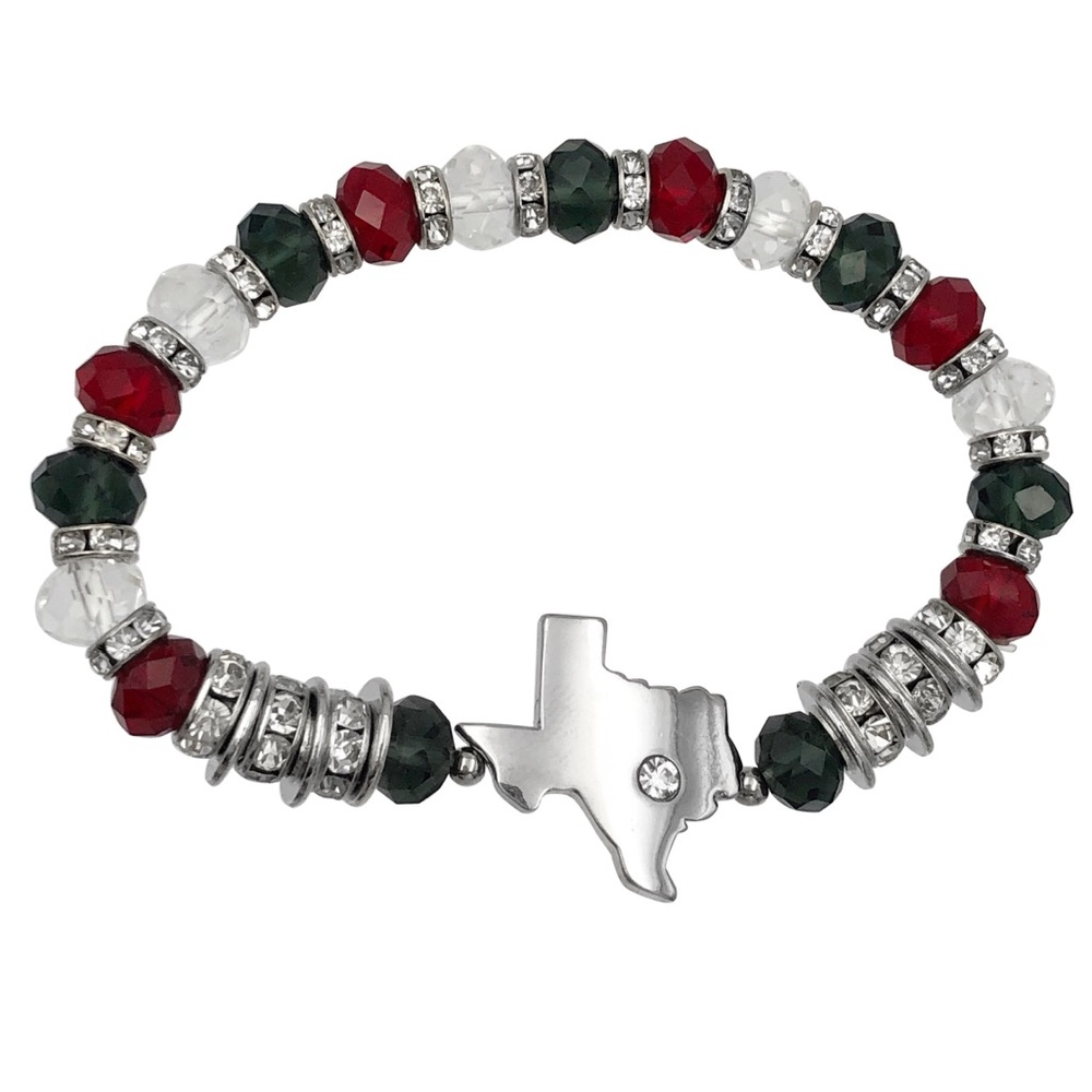 Texas State Shape Map Red White Glass Beaded Stretch Bracelet